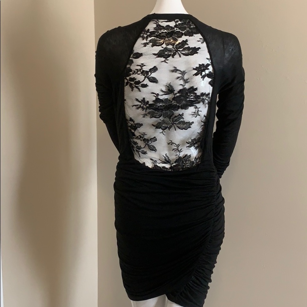 A.L.C. Black Ruched Long Sleeve Dress with Lace Cut-Out Back SM EC - Picture 1 of 15